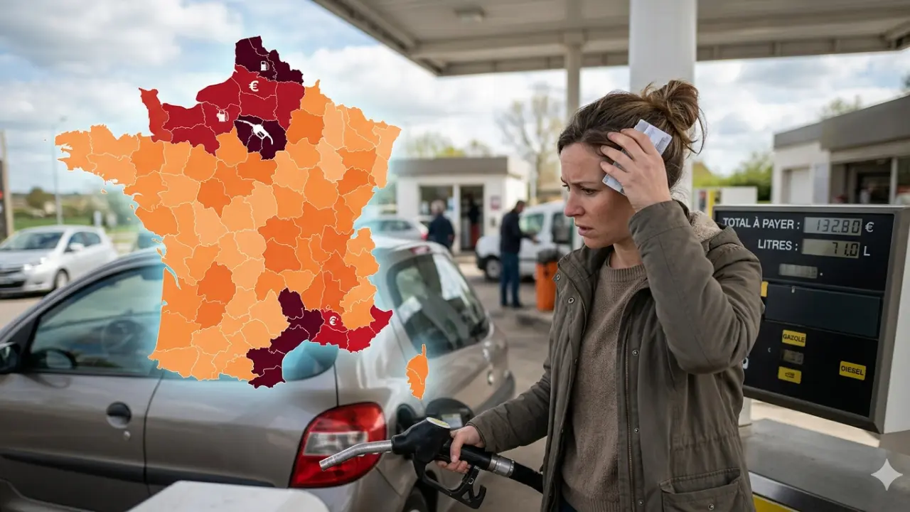 Une femme choquée par le prix affiché sur une pompe à essence en France en mai 2026, avec une carte du pays montrant les départements les plus chers.